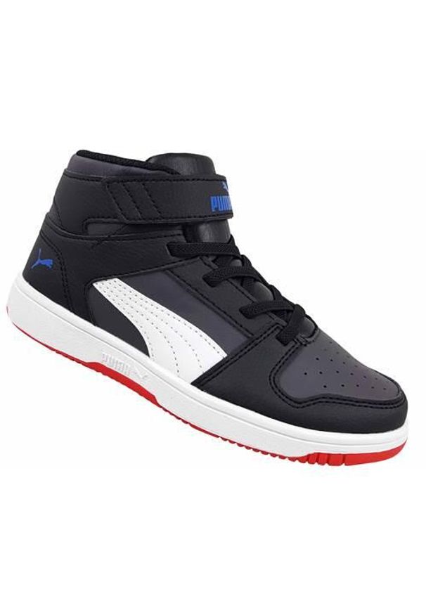 Buty do chodzenia dla dzieci Puma Rebound Layup Sl V Ps. Wysokość cholewki: za kostkę. Zapięcie: rzepy. Kolor: wielokolorowy, czarny. Materiał: tkanina, guma, materiał, syntetyk. Szerokość cholewki: normalna. Sport: turystyka piesza