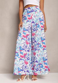 Renee - Jasnoniebieskie Długie Spodnie w Kwiatowy Print z Gumką w Pasie i Kieszeniami Kaydan. Kolor: niebieski. Długość: długie. Wzór: kwiaty, nadruk #5