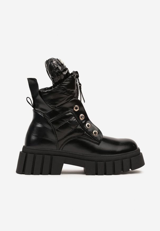 Born2be - Czarne Pikowane Botki na Grubej Tłoczonej Podeszwie Lerily. Kolor: czarny. Materiał: jeans. Wzór: aplikacja. Styl: elegancki