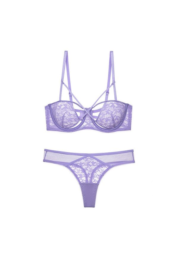 Intica - Komplet bielizny koronkowej ze strapsami regulowanymi Behjat. Kolor: fioletowy. Materiał: koronka. Wzór: paski, koronka