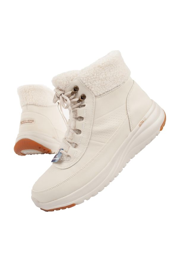 skechers - Buty zimowe damskie Skechers wodoodporne. Kolor: beżowy. Materiał: skóra, nubuk, materiał, syntetyk, futro. Szerokość cholewki: normalna. Sezon: zima