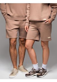 Ombre Clothing - Dresowe szorty unisex ze ściągaczem w pasie – brązowe V16 - Rozmiar: M/L. Kolor: brązowy. Materiał: dresówka. Wzór: aplikacja. Styl: sportowy #8