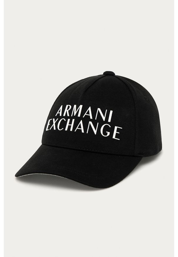 Armani Exchange - Czapka. Kolor: czarny. Materiał: tkanina, bawełna. Wzór: aplikacja