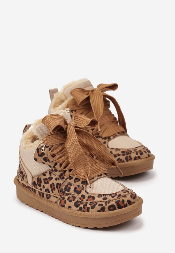 Born2be - Brązowe Sneakersy Vices w Stylu Śniegowców Ocieplane z Szerokim Sznurowaniem i Wzorem w Panterkę Rennith. Okazja: na spacer. Kolor: brązowy. Materiał: wełna. Wzór: motyw zwierzęcy. Sezon: jesień. Obcas: na płaskiej podeszwie. Sport: turystyka piesza