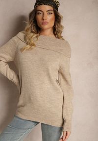 Renee - Beżowy Sweter z Dekoltem Opuszczonym na Ramiona Parila. Okazja: na co dzień. Kolor: beżowy. Długość rękawa: długi rękaw. Długość: długie. Styl: casual