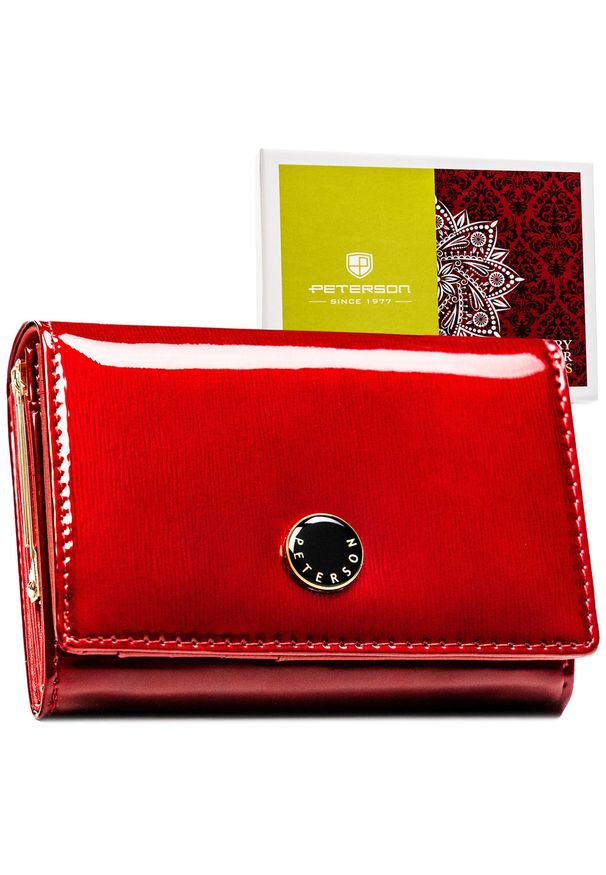 Skórzany lakierowany portfel damski na zatrzask w czerwonym kolorze PTN PH30-1-SH Peterson. Kolor: czerwony. Materiał: lakier, skóra