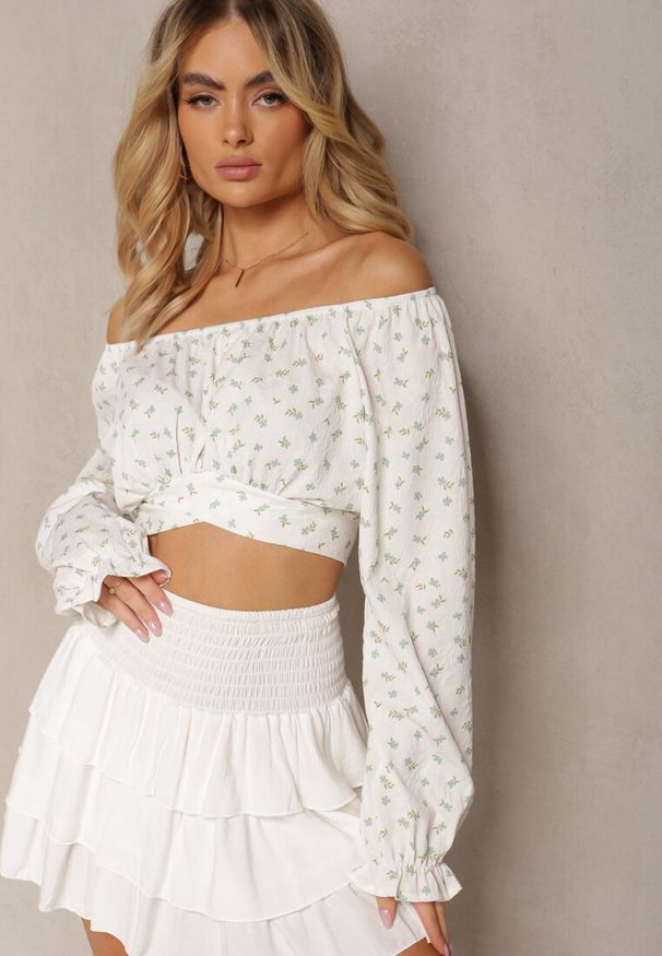 Renee - Biało-Miętowa Bluzka w Kwiatowy Print z Wiązaniem pod Biustem Dequoia. Okazja: na co dzień. Kolor: biały. Materiał: bawełna, jeans. Wzór: kwiaty, nadruk. Sezon: wiosna, lato. Styl: casual