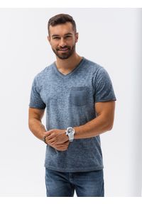 Ombre Clothing - T-shirt męski z kieszonką - ciemnoniebieski melanż V7 - Rozmiar: M. Kolor: niebieski. Materiał: jeans, bawełna. Wzór: melanż #1