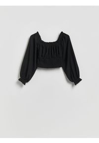 Reserved - Bluzka z marszczeniem - czarny. Kolor: czarny. Materiał: dzianina. Długość: krótkie