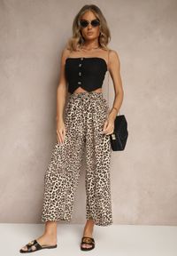 Renee - Czarno-Beżowe Spodnie Wide Leg z Gumką w Talii w Panterkowy Wzór Filanira. Okazja: na co dzień. Kolor: czarny. Styl: elegancki, casual