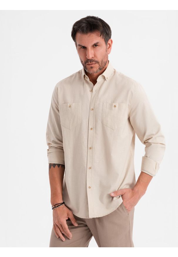 Ombre Clothing - Koszula męska lniana z klasycznym kołnierzykiem i kieszeniami REGULAR FIT – kremowa V3 - Rozmiar: XL. Okazja: na co dzień. Typ kołnierza: kołnierzyk klasyczny. Kolor: kremowy. Materiał: len. Długość: długie. Wzór: aplikacja. Sezon: wiosna, lato. Styl: klasyczny