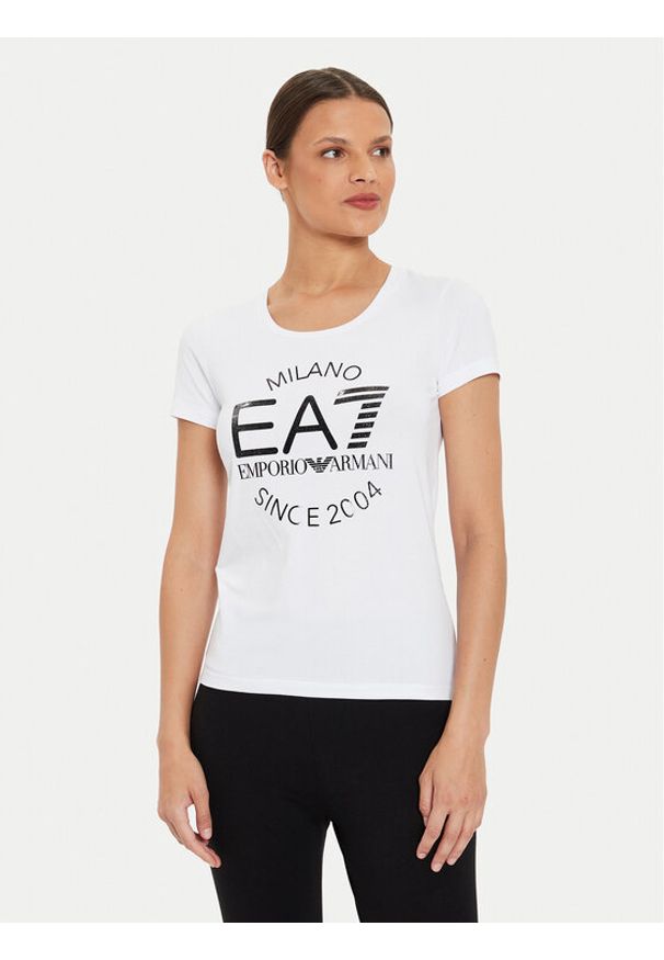 EA7 Emporio Armani T-Shirt 6DTT20 TJQCZ 1100 Biały Slim Fit. Kolor: biały. Materiał: bawełna