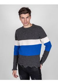 Les Hommes Sweter | UHK105-643U | Round Neck Sweater Breast Stripes | Mężczyzna | Biały, Niebieski, Szary. Okazja: na co dzień. Kolor: niebieski, biały, wielokolorowy, szary. Materiał: wełna. Styl: casual #4