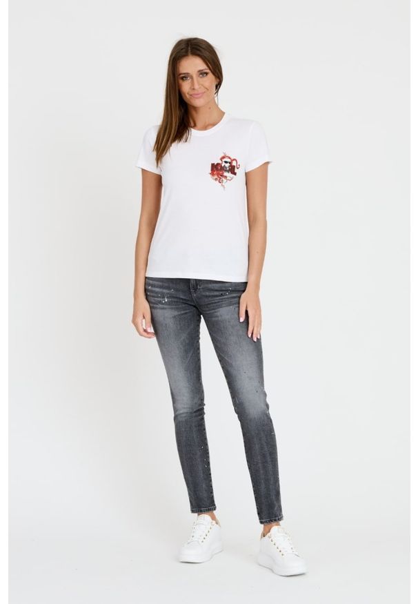Karl Lagerfeld - KARL LAGERFELD Biały t-shirt ikonik lny. Kolor: biały. Materiał: len