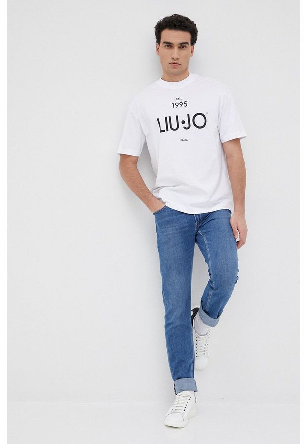 Liu Jo t-shirt bawełniany męski kolor biały z nadrukiem. Kolor: biały. Materiał: bawełna. Wzór: nadruk