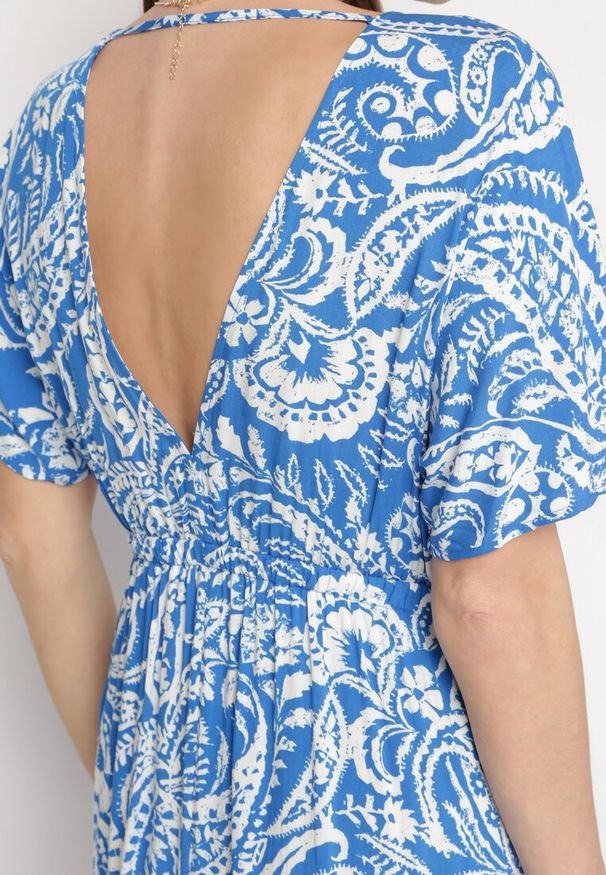 Born2be - Niebieska Sukienka W stylu Boho z Gumką w Pasie i Chwostami Wornima. Kolor: niebieski. Styl: boho