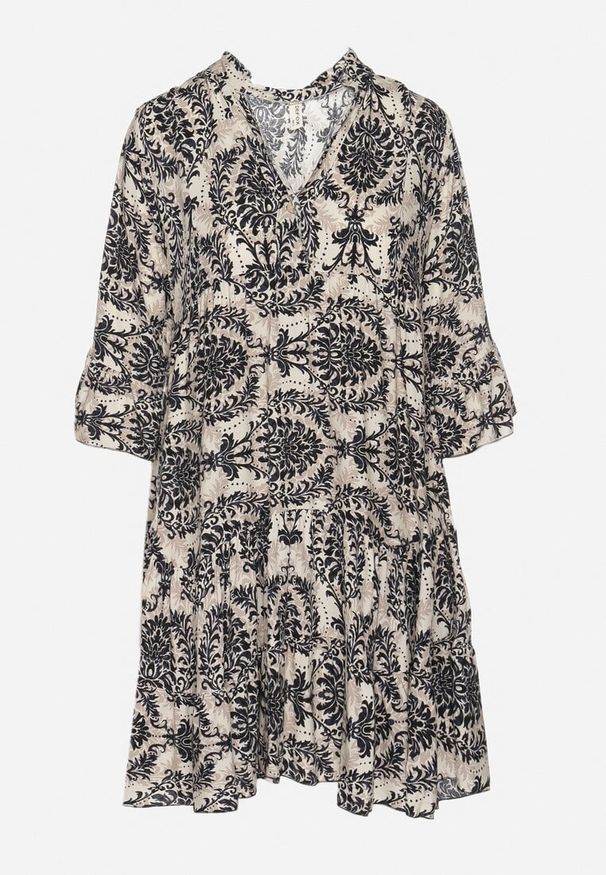 Born2be - Beżowo-Czarna Rozkloszowana Sukienka z Bawełny z Falbanami w Ornamentalny Wzór Lanoreth. Okazja: na co dzień, na spacer. Typ kołnierza: dekolt w serek. Kolor: czarny. Materiał: bawełna. Typ sukienki: rozkloszowane, proste. Styl: klasyczny, casual