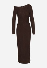 Born2be - Brązowa Dopasowana Sukienka z Metaliczną Ozdobą na Ramieniu Reilara. Kolor: brązowy. Wzór: aplikacja. Styl: elegancki #3