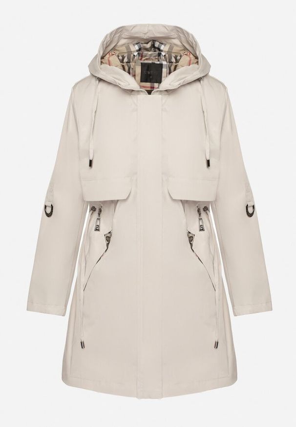 Born2be - Beżowa Kurtka Parka z Kapturem ze Wzorem w Kratę i Podpinanymi Rękawami Gavaria. Okazja: na co dzień, na spotkanie biznesowe. Typ kołnierza: kaptur. Kolor: beżowy. Materiał: jeans. Styl: biznesowy, casual, elegancki, klasyczny