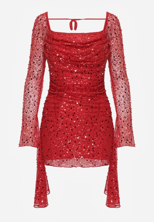 Renee - Czerwona Dopasowana Sukienka VICES Zdobiona Cekinami i Wiązaniem Alethrolphi. Okazja: na imprezę. Kolor: czerwony. Wzór: aplikacja. Styl: klasyczny, elegancki