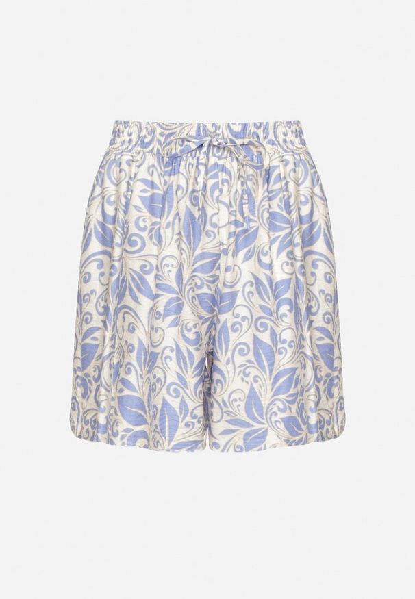 Born2be - Niebieskie Wiskozowe Szorty z Wysokim Stanem Zdobione Kwiatowym Wzorem Dannalen. Okazja: na co dzień, na spacer. Stan: podwyższony. Kolor: niebieski. Materiał: wiskoza. Wzór: kwiaty, aplikacja. Styl: casual, elegancki