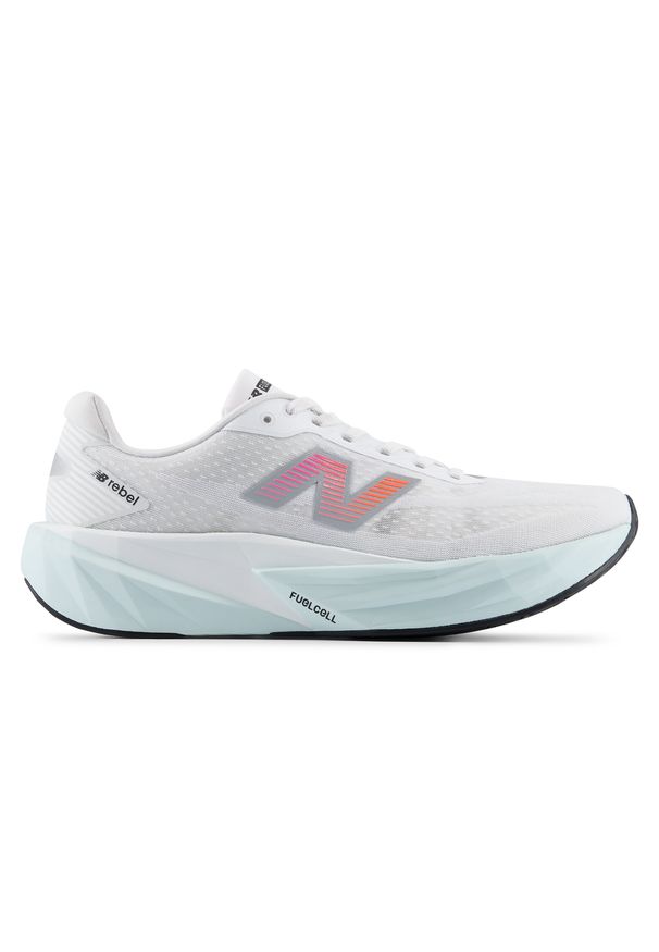 Buty męskie New Balance FuelCell Rebel v5 MFCX1WY – białe. Kolor: szary. Materiał: materiał, syntetyk, guma. Szerokość cholewki: normalna. Wzór: geometria. Sport: fitness, bieganie