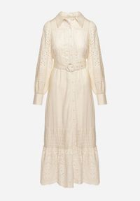 Born2be - Beżowa Koszulowa Sukienka z Lnu i Wiskozy z Paskiem w Komplecie z Ażurowym Zdobiebiem Eleces. Okazja: na co dzień, na imprezę. Kolor: beżowy. Materiał: wiskoza, len. Długość rękawa: długi rękaw. Wzór: ażurowy. Typ sukienki: koszulowe. Styl: casual, elegancki #6