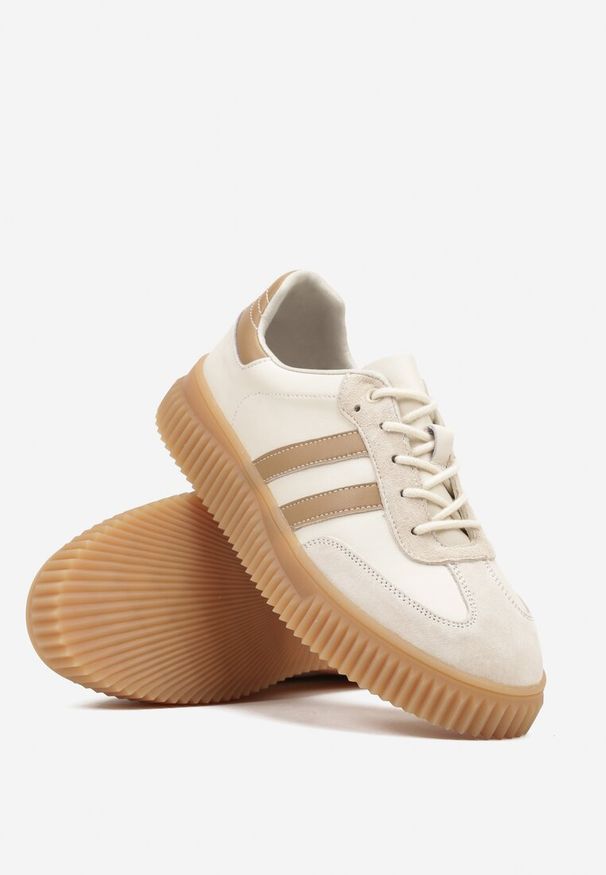 Born2be - Beżowo-Brązowe Skórzane Sneakersy Klasyczne Tenisówki z Zamszu Naturalnego Teniresela. Okazja: na co dzień. Kolor: beżowy. Materiał: zamsz, skóra