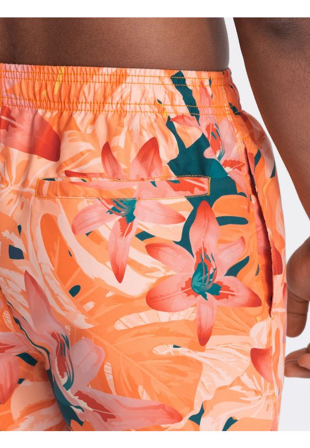 Ombre Clothing - Szorty męskie kąpielówki w motyw roślinny - pomarańczowe V5 - Rozmiar: XL. Okazja: na plażę. Kolor: pomarańczowy. Materiał: poliester, materiał