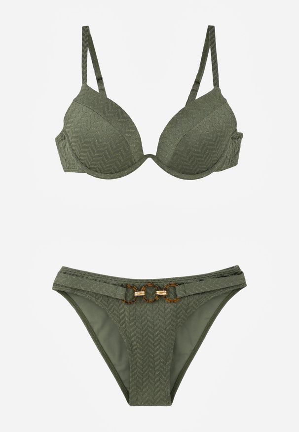 Born2be - Zielone Bikini Dwuczęściowe w Geometryczny Wzór z Ozdobą na Majtkach Corraenia. Kolekcja: plus size. Kolor: zielony. Długość: długie. Wzór: geometria, aplikacja