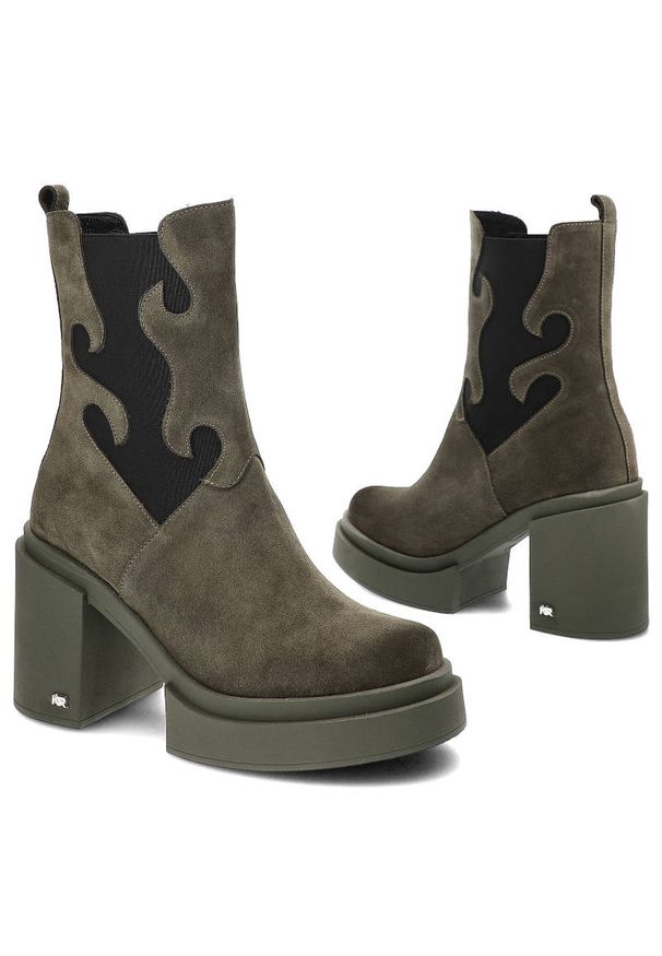 Zielone Botki Karino Modne Buty Na Obcasie. Kolor: zielony. Materiał: zamsz, welur. Obcas: na obcasie. Styl: klasyczny. Wysokość obcasa: średni