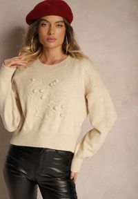 Renee - Beżowy Wiskozowy Sweter z Ozdobnym Tłoczeniem Harizelle. Okazja: do pracy. Kolor: beżowy. Materiał: wiskoza #4