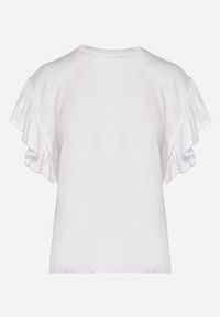 Born2be - Biały T-shirt z Falowanym Rękawem Aidira. Kolor: biały. Materiał: jeans. Długość rękawa: krótki rękaw. Długość: krótkie #4