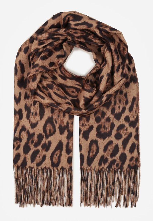 Born2be - Brązowy Panterkowy Szalik z Wiskozy Zakończony Frędzlami Ferinda. Okazja: na co dzień. Kolor: brązowy. Materiał: wiskoza. Styl: casual, klasyczny