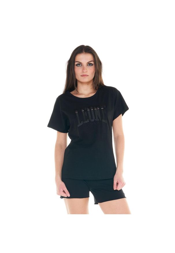 LEONE 1947 APPAREL - Damski t-shirt Cristal Shine z dużym logo. Kolor: czarny. Materiał: tkanina. Sport: fitness