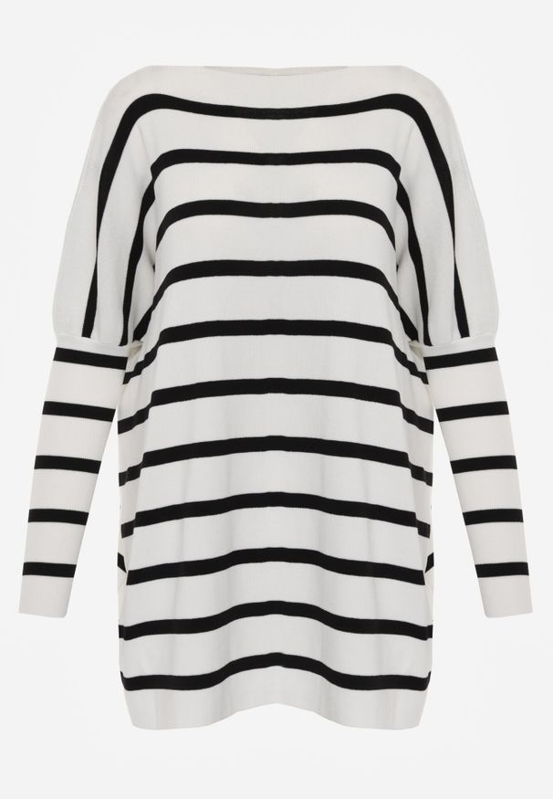 Born2be - Biały Sweter Oversize w Paski z Rękawami Nietoperz Caelania. Kolor: biały. Wzór: paski