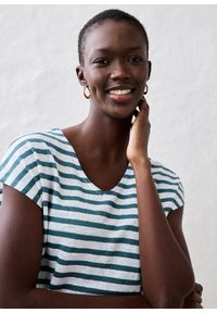 bonprix - Bluzka z czystego lnu z rękawami typu nietoperz. Typ kołnierza: dekolt w serek. Kolor: niebieski. Materiał: len. Wzór: paski. Sezon: lato #3