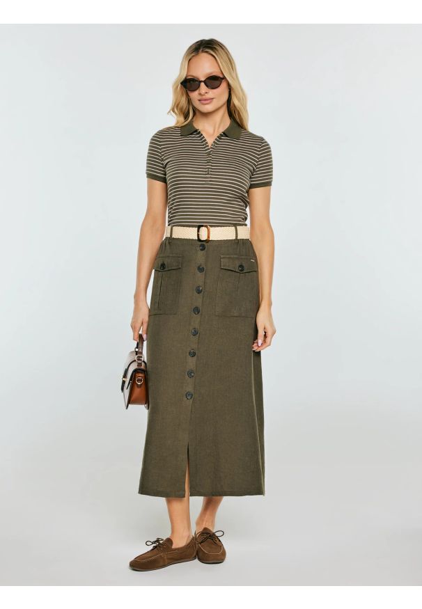 Big-Star - Spódnica damska lniana midi khaki Roliana 303. Okazja: na co dzień. Kolor: zielony. Materiał: len. Styl: casual