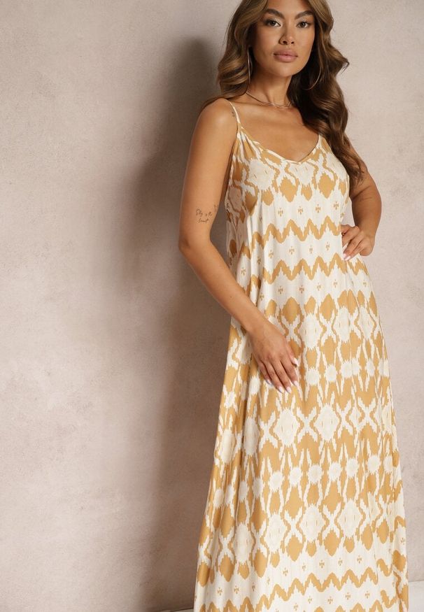 Renee - Beżowa Sukienka z Wiskozy na Ramiączkach o Rozkloszowanym Kroju i Geometrycznym Wzorze Xervidia. Okazja: na co dzień. Kolor: beżowy. Materiał: wiskoza. Długość rękawa: na ramiączkach. Wzór: geometria. Sezon: wiosna, lato. Typ sukienki: rozkloszowane. Styl: casual