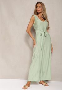 Renee - Jasnozielony Kombinezon z Wiskozy z Szerokimi Nogawkami z Gumką w Pasie i Materiałowym Paskiem Acladia. Kolor: zielony. Materiał: materiał, wiskoza. Styl: wizytowy, elegancki #4