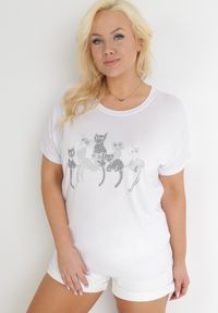Born2be - Biały Bawełniany T-shirt z Krótkim Rękawem z Nadrukiem w Koty z Cekinami Canila. Kolekcja: plus size. Kolor: biały. Materiał: bawełna. Długość rękawa: krótki rękaw. Długość: krótkie. Wzór: nadruk