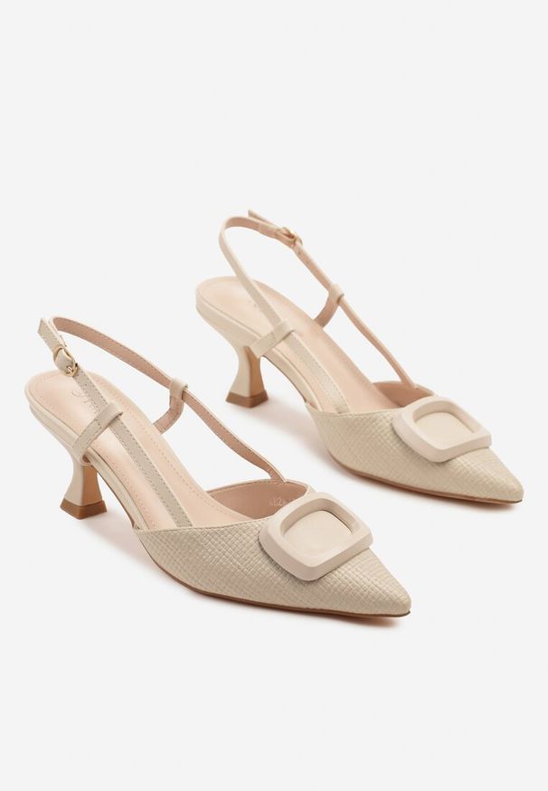 Renee - Beżowe Sandały Tweedowe na Kaczuszce Slingback Ozdobione Aplikacją Rosaviela. Okazja: na imprezę, na co dzień. Zapięcie: sprzączka. Kolor: beżowy. Wzór: aplikacja. Sezon: wiosna, lato. Obcas: na szpilce. Styl: elegancki, casual. Wysokość obcasa: średni