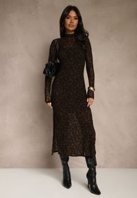 Renee - Brązowa Koktajlowa Sukienka z Wiskozą w Welurowe Kwiaty Amette. Kolor: brązowy. Materiał: welur, wiskoza. Długość rękawa: na ramiączkach. Wzór: kwiaty. Styl: wizytowy #3