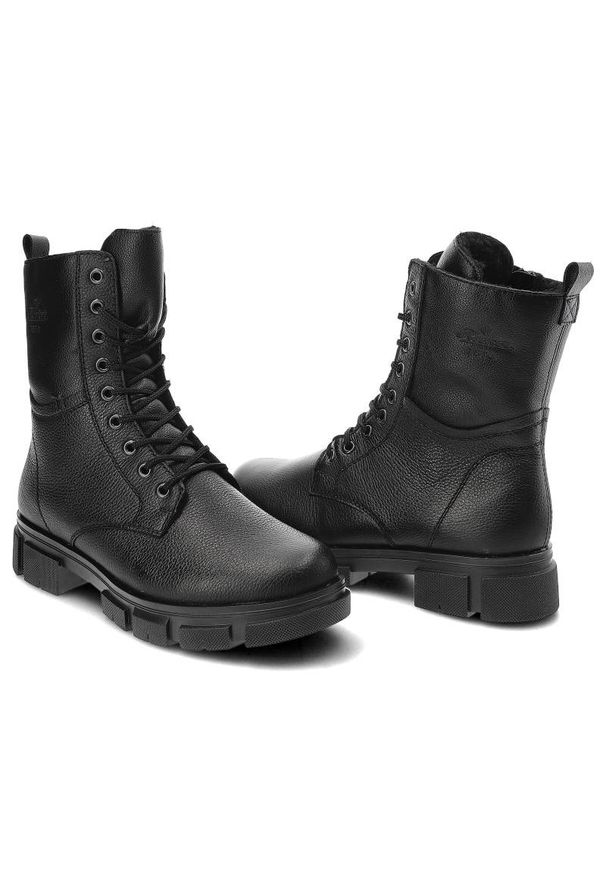 Czarne Botki Rieker Ocieplane Skórzane Buty Damskie. Kolor: czarny. Materiał: futro, syntetyk. Szerokość cholewki: normalna. Wzór: aplikacja. Obcas: na obcasie. Styl: elegancki, rockowy. Wysokość obcasa: niski