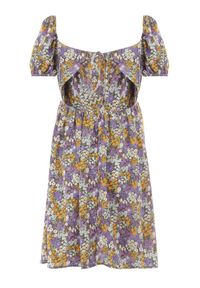 Born2be - Fioletowo-Miętowa Sukienka Konmey. Typ kołnierza: dekolt kwadratowy. Kolor: miętowy. Wzór: kwiaty. Sezon: lato. Styl: retro. Długość: mini #4
