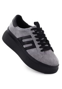 Skórzane półbuty damskie sneakersy na grubej podeszwie szare Filippo DP7175. Okazja: na co dzień. Kolor: szary. Materiał: skóra. Obcas: na platformie. Styl: casual, sportowy