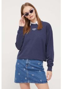Tommy Jeans bluza damska kolor granatowy z nadrukiem. Kolor: niebieski. Materiał: bawełna. Wzór: nadruk. Styl: klasyczny