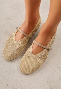 Born2be - Beżowe Plecione Balerinki VICES z Paskiem z Klamerką i Wycięciem V Nemecea. Okazja: na co dzień. Zapięcie: pasek. Kolor: beżowy. Materiał: jeans. Szerokość cholewki: normalna. Wzór: haft. Sezon: lato. Styl: boho, casual, elegancki #8