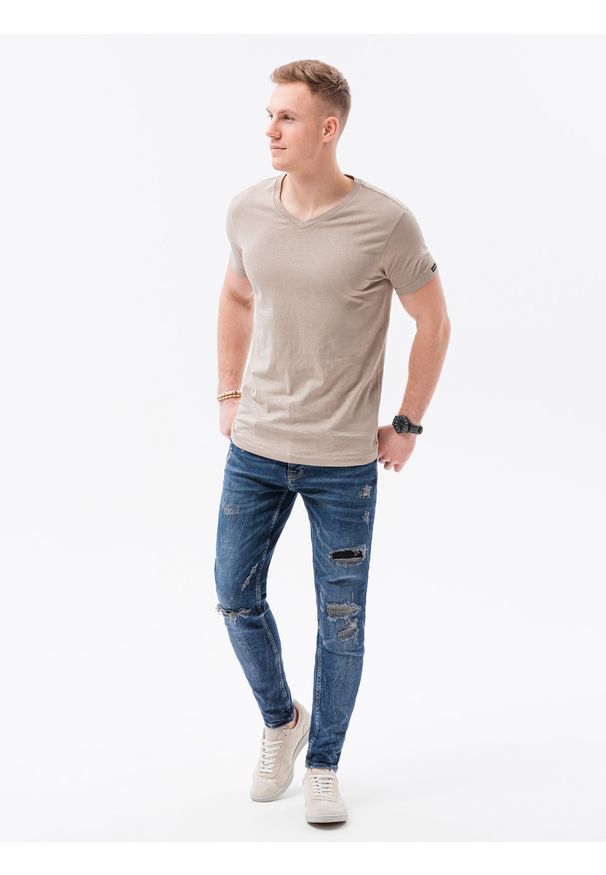 Ombre Clothing - T-shirt męski bawełniany basic S1369 - jasnobrązowy - XXL. Kolor: brązowy. Materiał: bawełna. Styl: klasyczny