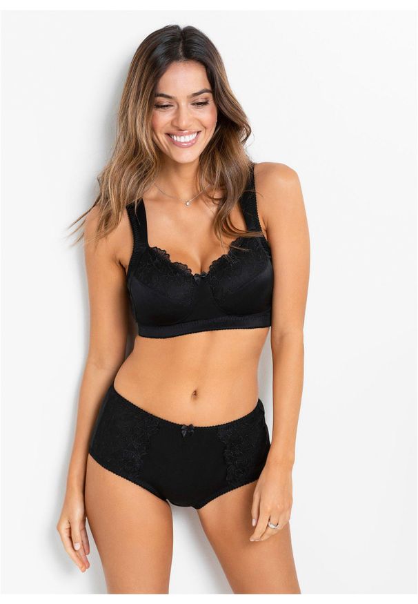 bonprix - Biustonosz odciążający bez fiszbinów z wyściełanymi ramiączkami. Kolor: czarny. Wzór: kwiaty, haft, aplikacja